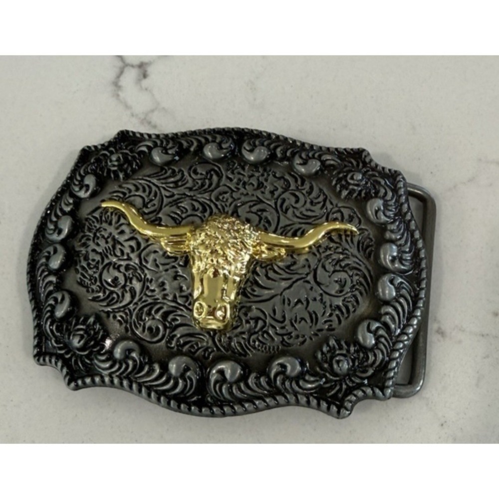 Rodeo Western Cowboy Gold Longhorn Bull 2 Tone Metal Belt Buckle 3"x2" Detailed